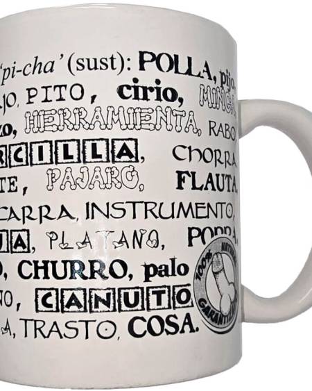 Caneca branca DIABLO PICANTE de 370 ml com palavras relacionadas com o pénis a preto