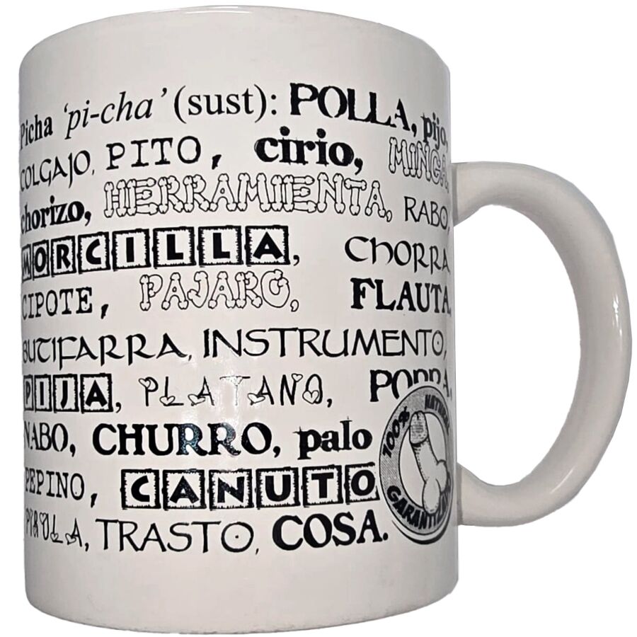 Caneca branca DIABLO PICANTE de 370 ml com palavras relacionadas com o pénis a preto
