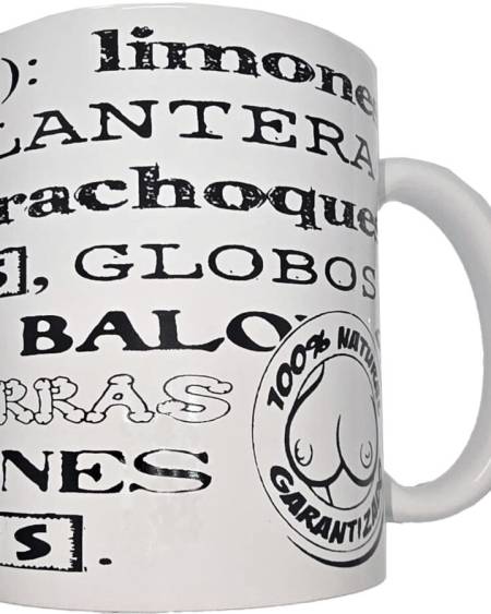 Caneca branca DIABLO PICANTE de cerâmica, com palavras sobre mamas impressas a preto
