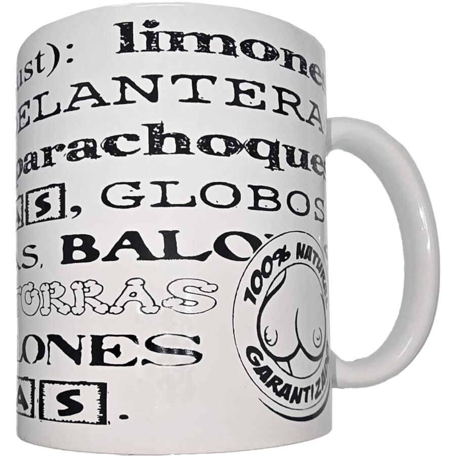 Caneca branca DIABLO PICANTE de cerâmica, com palavras sobre mamas impressas a preto