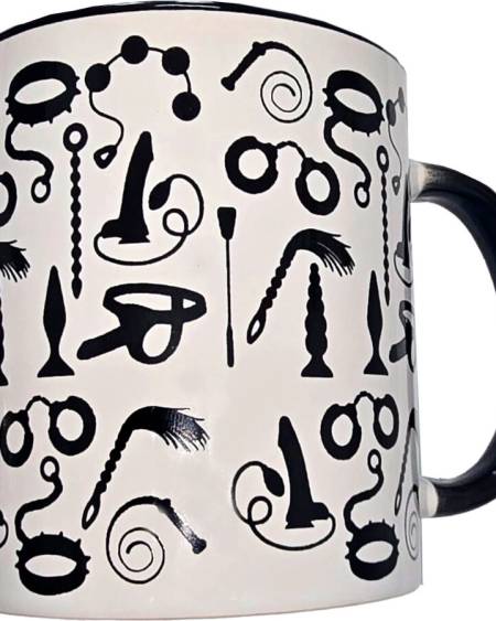 Caneca DIABLO PICANTE de cerâmica branca com desenhos bondage a preto, interior e asa pretos, 370 ml