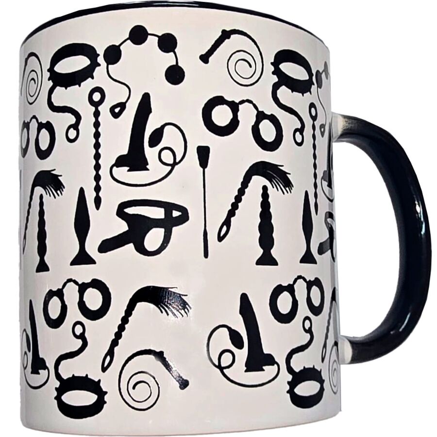 Caneca DIABLO PICANTE de cerâmica branca com desenhos bondage a preto, interior e asa pretos, 370 ml