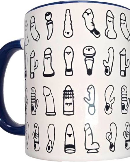 Caneca DIABLO PICANTE de cerâmica branca com desenhos de vibradores, interior e asa azuis, capacidade de 370 ml