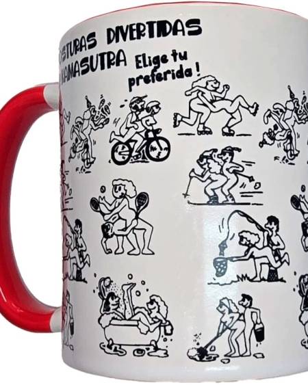Caneca branca de 370 ml com desenhos do Kama Sutra, interior e asa vermelhos