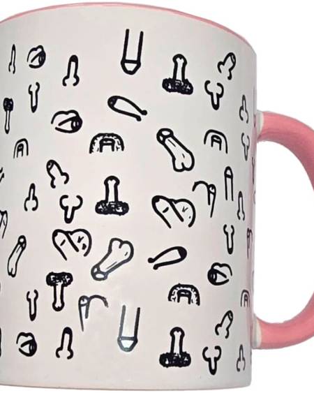 Caneca de cerâmica DIABLO PICANTE com desenhos de pénis, exterior branco e interior e asa rosa