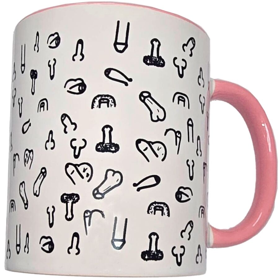Caneca de cerâmica DIABLO PICANTE com desenhos de pénis, exterior branco e interior e asa rosa