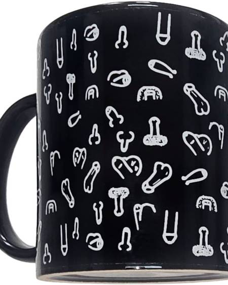 Caneca preta DIABLO PICANTE de 370 ml, com desenhos de pénis e asa contrastante