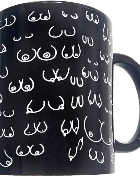 Caneca erótica DIABLO PICANTE preta, de cerâmica, com desenhos de seios e capacidade de 370 ml