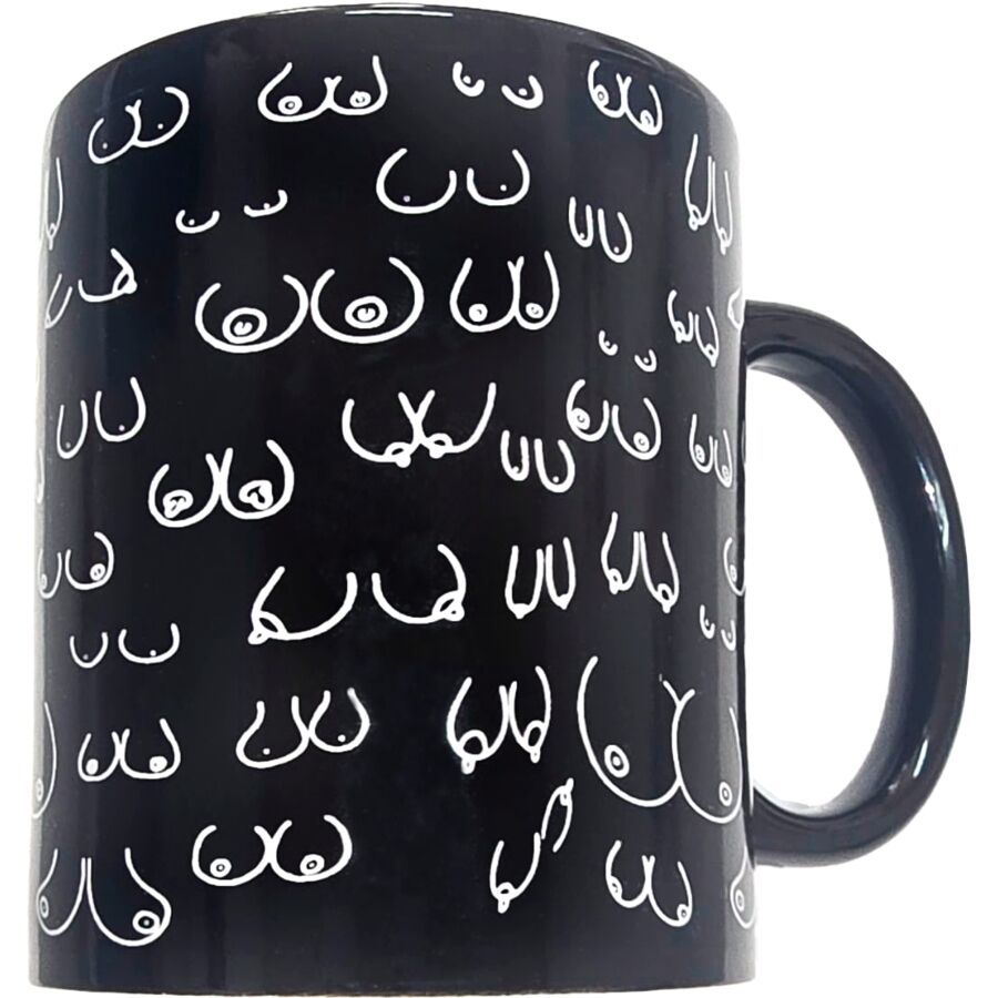 Caneca erótica DIABLO PICANTE preta, de cerâmica, com desenhos de seios e capacidade de 370 ml