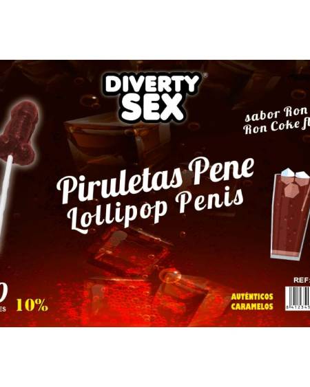 Frasco com 50 chupa-chupas castanho-claros em forma de pénis, sabor a rum-cola
