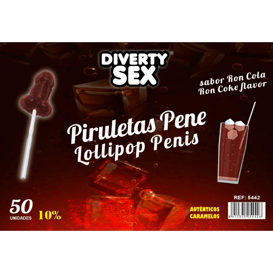 Frasco com 50 chupa-chupas castanho-claros em forma de pénis, sabor a rum-cola