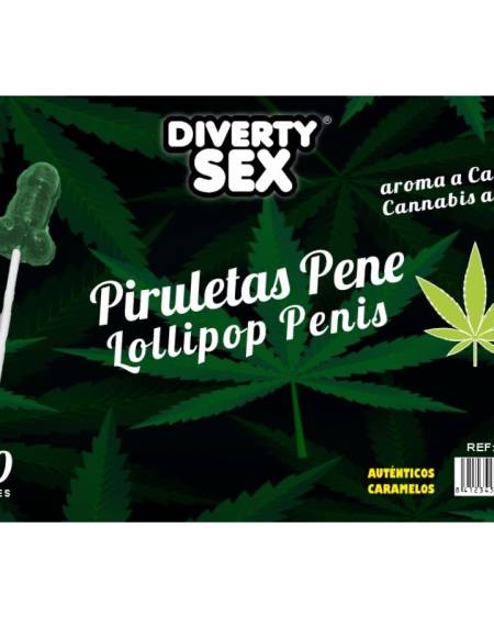 Expositor com 50 chupa-chupas verdes em forma de pénis e aroma a cannabis