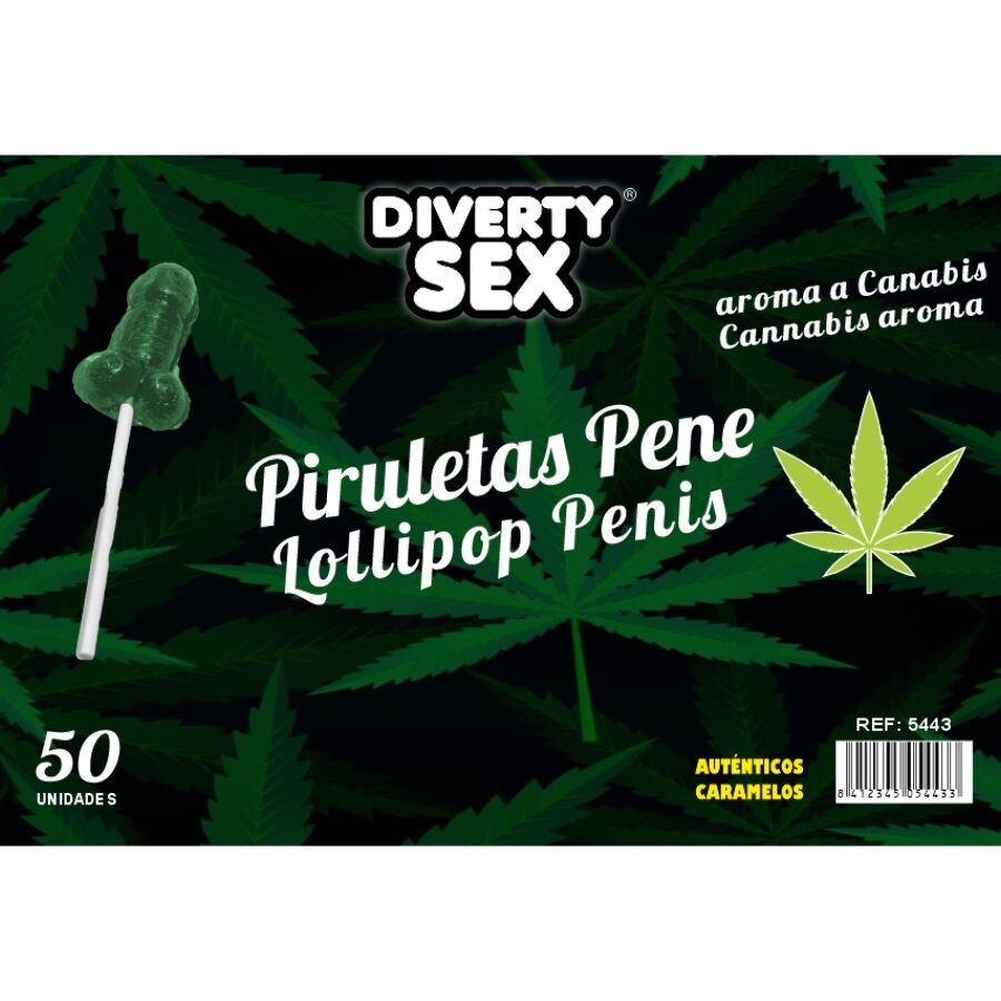 Expositor com 50 chupa-chupas verdes em forma de pénis e aroma a cannabis
