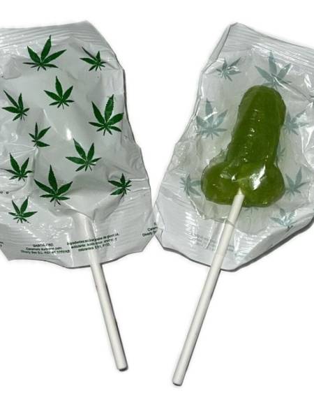 Chupa-chupa verde-claro em forma de pénis, com aroma a cannabis, da DIABLO GOLOSO