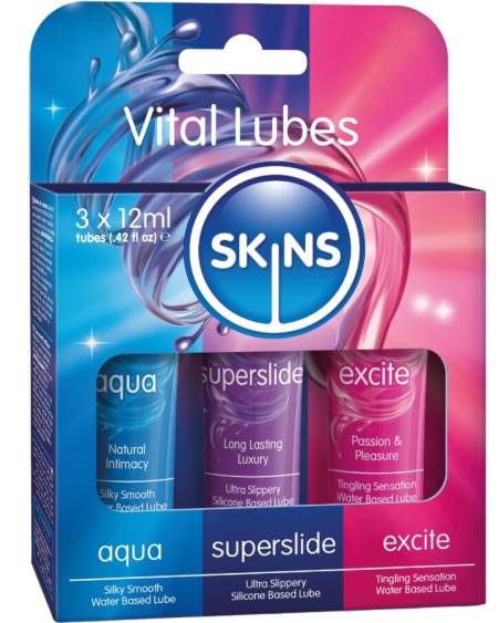 Kit SKINS com três lubrificantes Aqua, Superslide e Excite de 12 ml