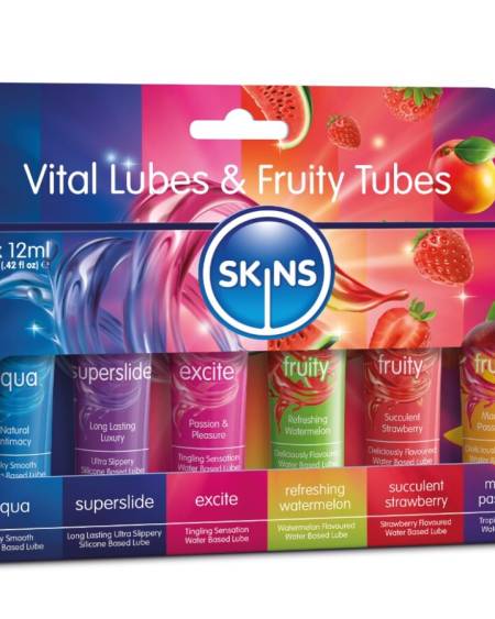 Kit SKINS com seis lubrificantes essenciais e frutados, em tubos de 12 ml.
