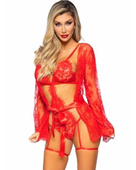 Conjunto vermelho LEG AVENUE 86123 com body de renda e bata