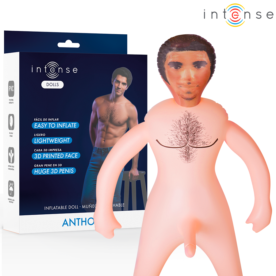 Boneco insuflável masculino Anthony com pénis 3D e rosto impresso