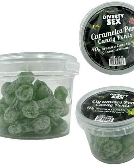 Boião com 20 mini rebuçados verdes em forma de pénis, com aroma a cannabis