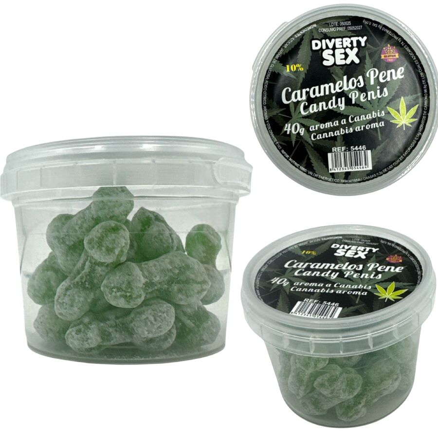 Boião com 20 mini rebuçados verdes em forma de pénis, com aroma a cannabis