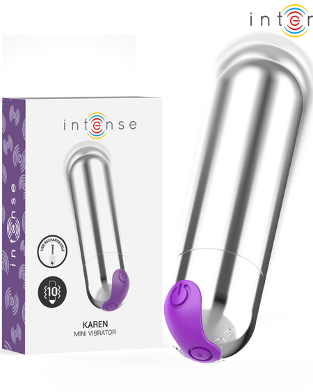 Mini vibrador tipo bala Karen INTENSE FUN TOYS, disponível em preto ou prateado com apontamentos roxos.
