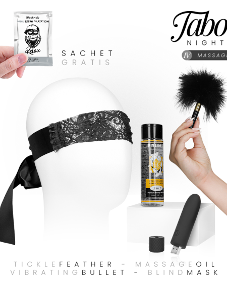 Kit de massagem TABOO NIGHTS 4: Massage Dreamkit com óleo, bala vibradora, venda, penas e gel anal