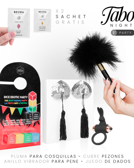 Kit erótico para casal TABOO NIGHTS 5: PARTY DREAMKIT com dados, anel vibratório, acessórios e géis deslizantes