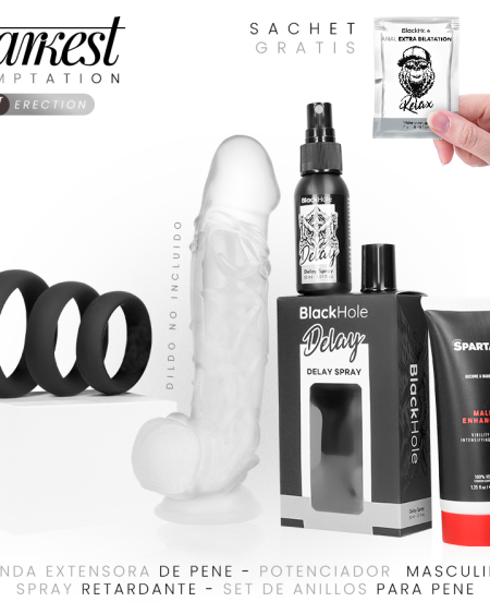Pack DARKEST TEMPATION para ereção com extensor transparente, gel, spray retardante e anéis de silicone