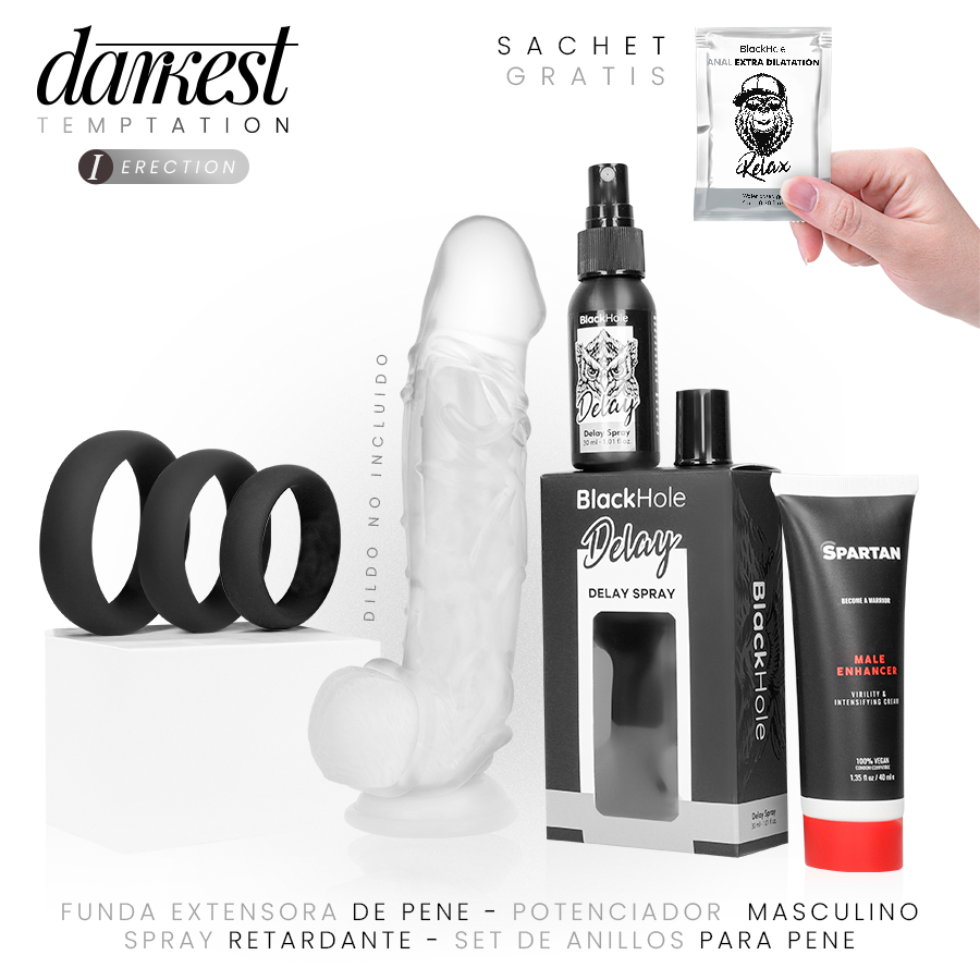 Pack DARKEST TEMPATION para ereção com extensor transparente, gel, spray retardante e anéis de silicone