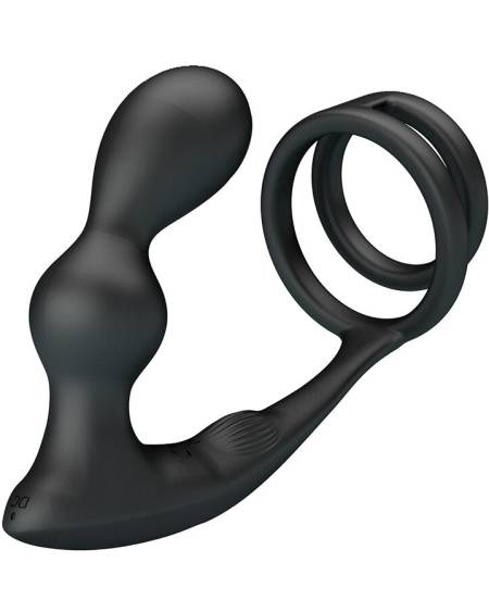Anel para pénis MR PLAY preto com plug anal vibratório e comando remoto