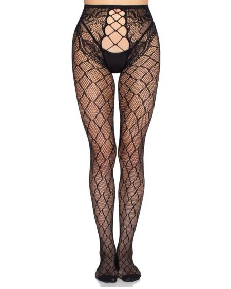 LEG AVENUE - 1966 MEDIAS DE RED CON PANTY SIN ENTREPIERNA NEGRO - TALLA ÚNICA