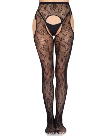 LEG AVENUE - 1967 MEDIAS DE LIGUERO CON RED DE FLORES NEGRO - TALLA ÚNICA