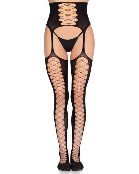 LEG AVENUE - 1968 MEDIAS DE LIGUERO CON ENCAJE NEGRO - TALLA ÚNICA