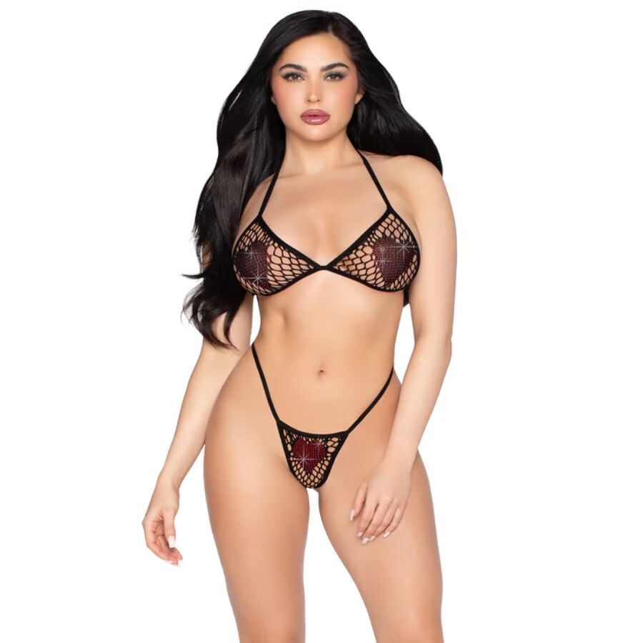 Conjunto de lingerie LEG AVENUE 86147 em rede preta com corações de strass vermelhos