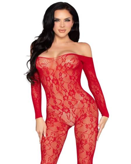 LEG AVENUE - 89366 BODYSTOCKING DE LENCERÍA DE ENCAJE ROJO - TALLA ÚNICA