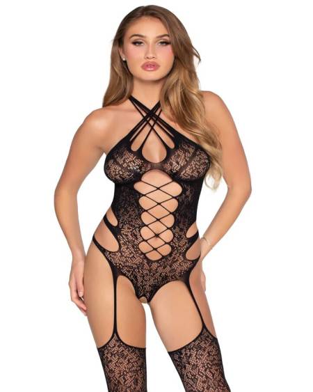 LEG AVENUE - 89367 TEDDY HALTER DE ENCAJE CON MEDIAS NEGRO - TALLA ÚNICA