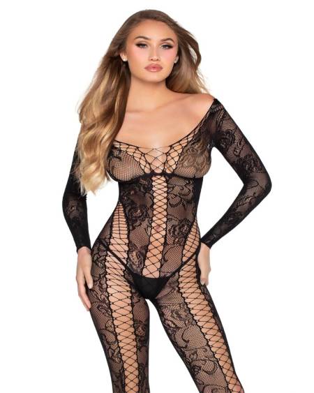 LEG AVENUE - 89369 JUMPSUIT DE RED Y ENCAJE NEGRO - TALLA ÚNICA