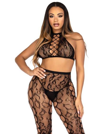 LEG AVENUE - 89372 CROP TOP Y MEDIAS SIN ENTREPIERNA NEGRO - TALLA ÚNICA