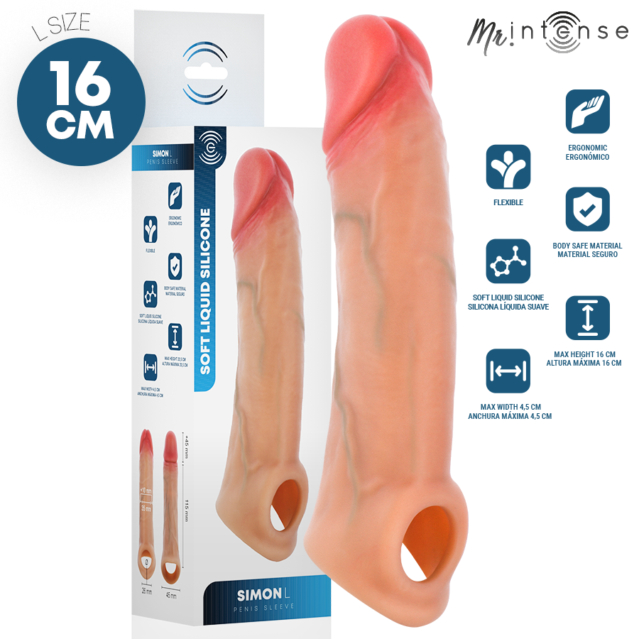 Capa peniana MR. INTENSE SIMON L em silicone, com 16 cm de comprimento