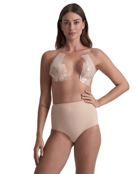 Fita adesiva dupla face BYE-BRA bege, com 5 cm de largura e 500 cm de comprimento
