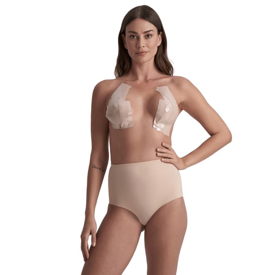 Fita adesiva dupla face BYE-BRA bege, com 5 cm de largura e 500 cm de comprimento