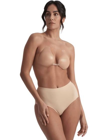 Copas adesivas de silicone bege BYE BRA, com tira central para realçar o decote