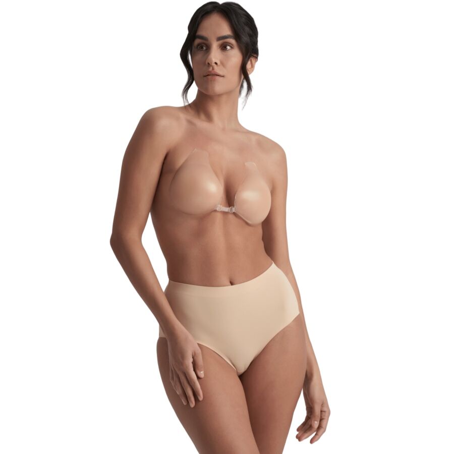 Copas adesivas de silicone bege BYE BRA, com tira central para realçar o decote