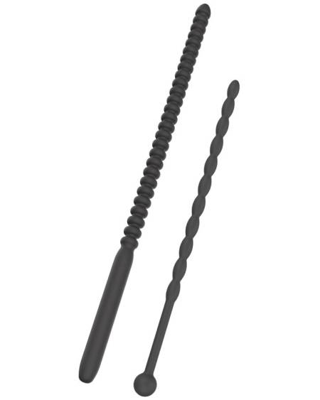 Conjunto de dois dilatadores uretrais HIDDEN DESIRE EXTREME estriados, em silicone, com bases integradas.