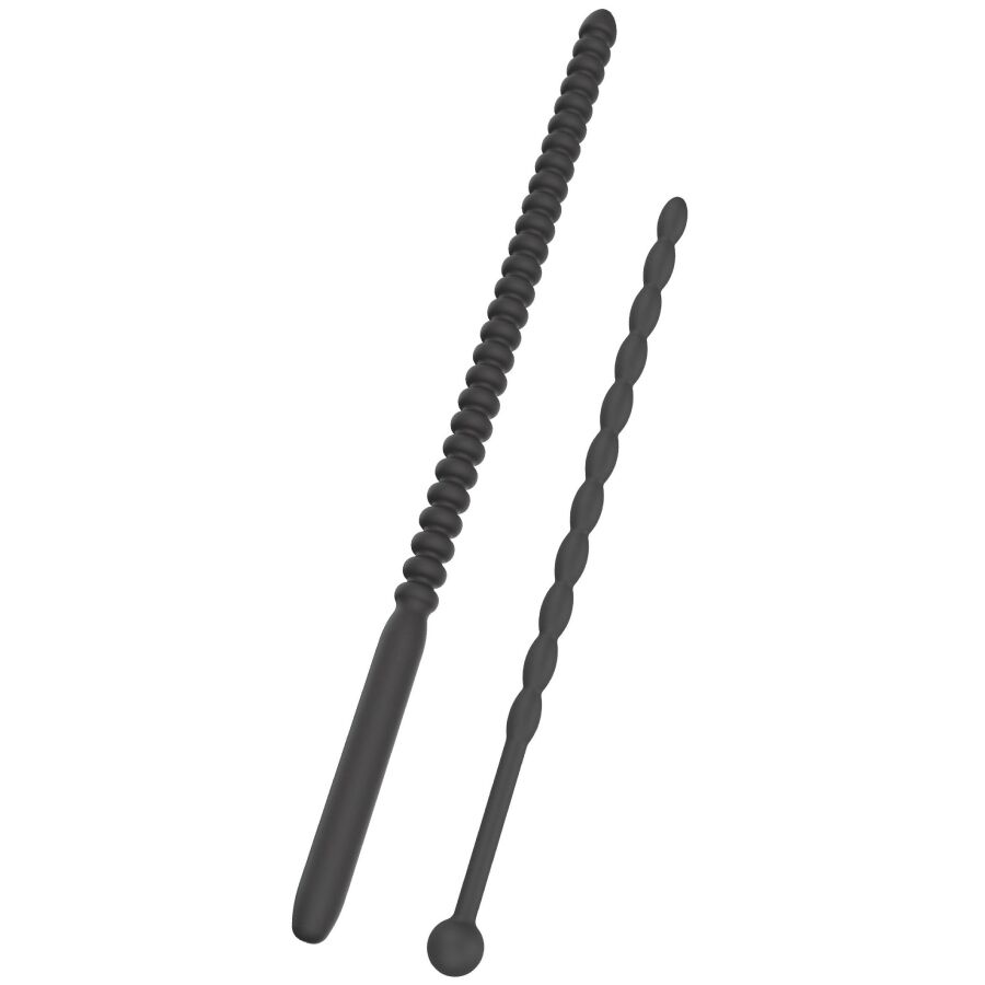 Conjunto de dois dilatadores uretrais HIDDEN DESIRE EXTREME estriados, em silicone, com bases integradas.