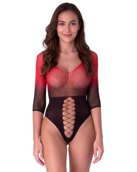 Body integral de rede PASSION BS118 em preto e vermelho, com mangas 3/4