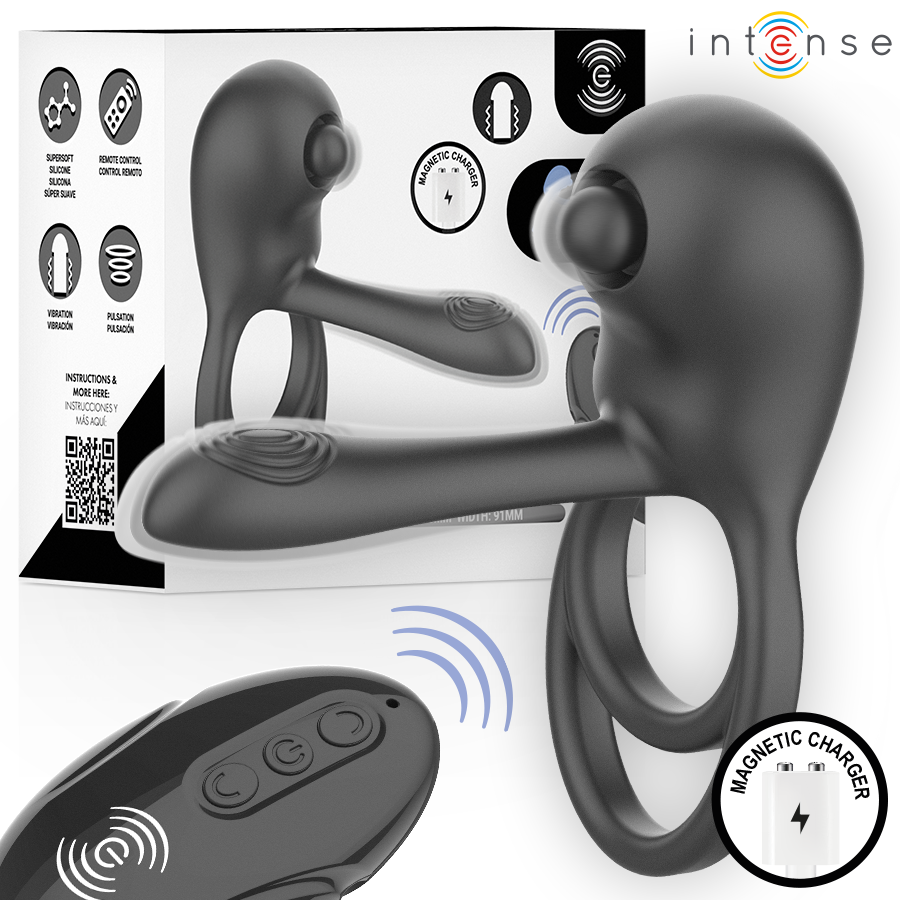 Anel vibratório INTENSE Spike preto, com duplo aro e comando remoto