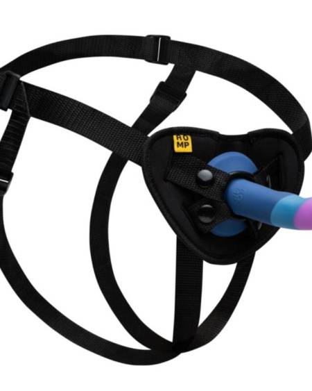Arnês ROMP Piccolo com dildo tricolor de silicone e ventosa, com 14 cm