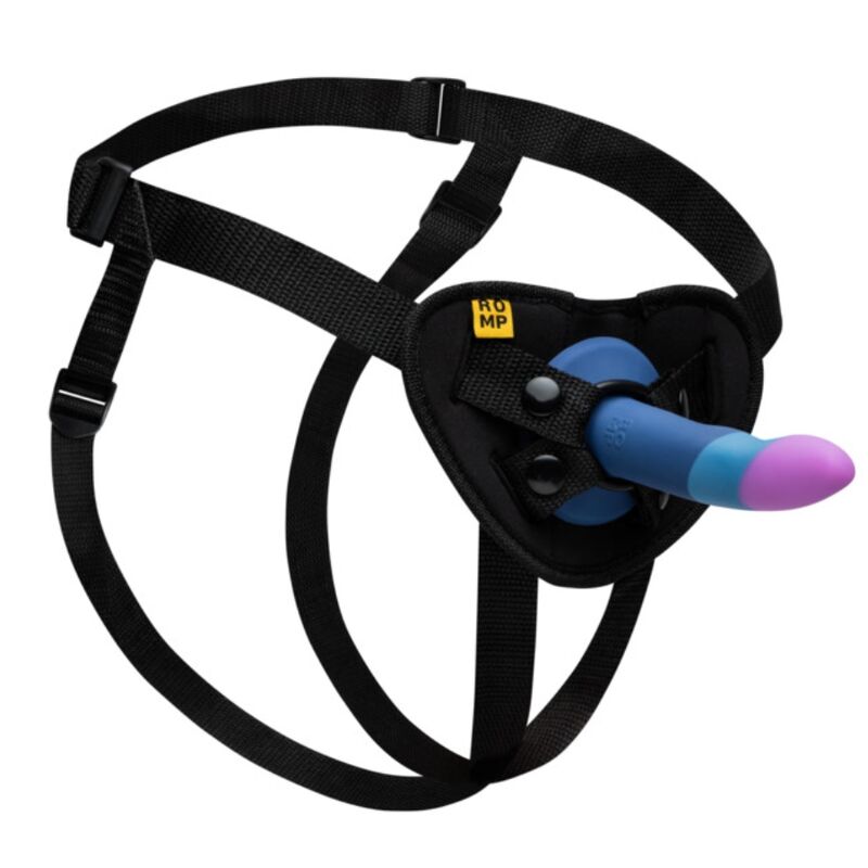 Arnês ROMP Piccolo com dildo tricolor de silicone e ventosa, com 14 cm