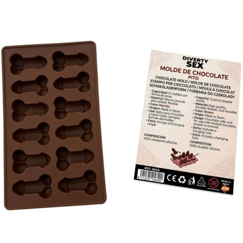 Molde vermelho de silicone DIABLO PICANTE com 12 formas de pénis e abertura para pendurar